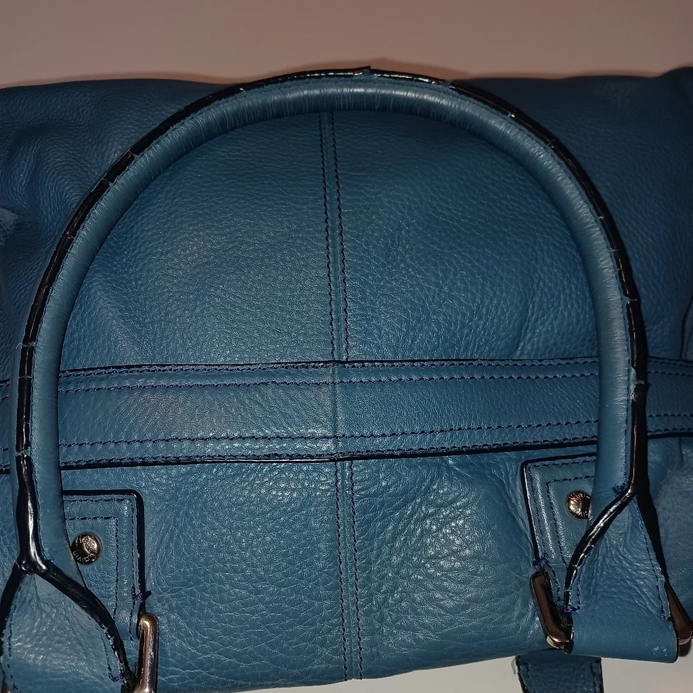 Calvin Klein Pebbled Leather Shoulder Bag Top Handle Purse Blue